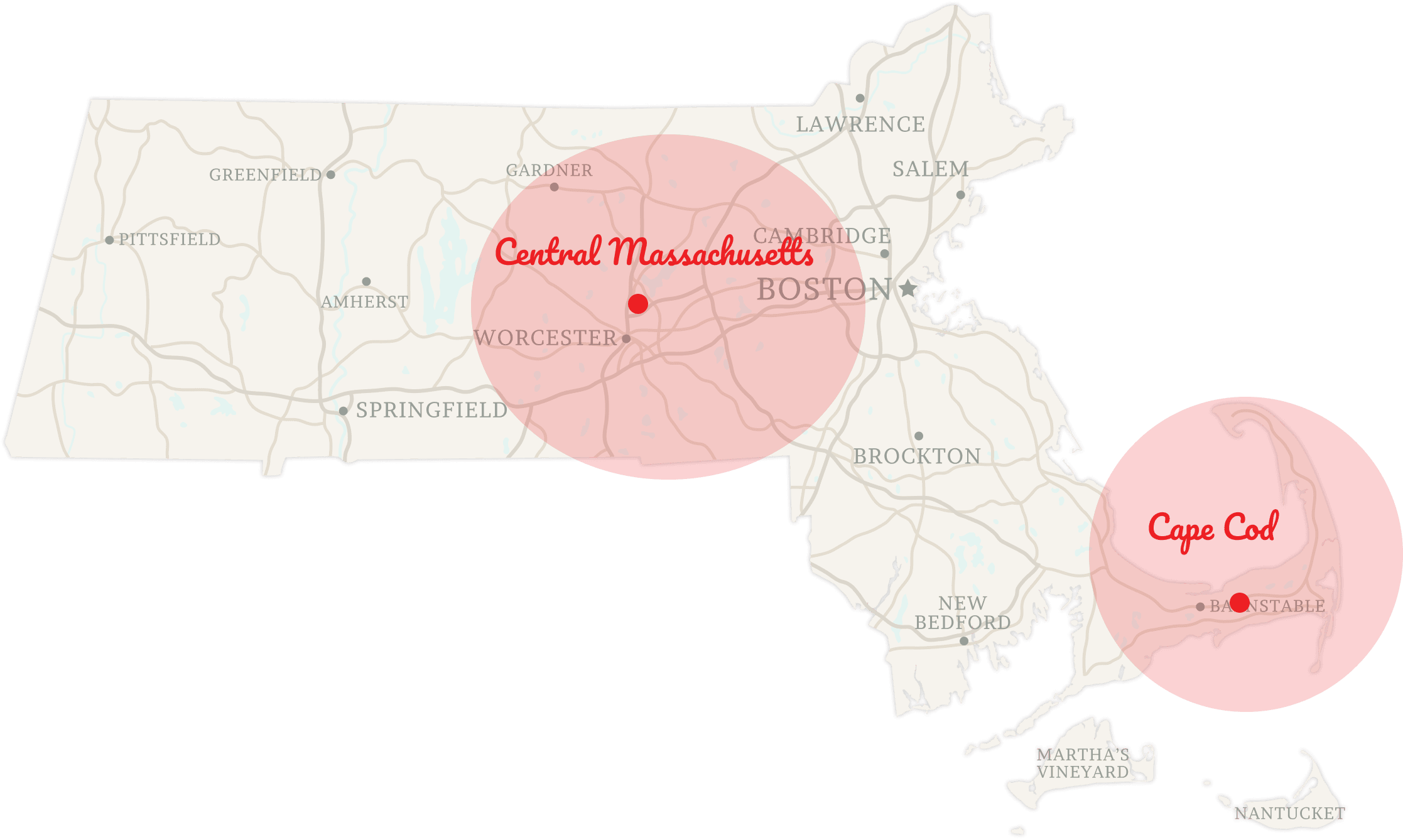 DeWolfe service area map of Central Massachusetts and Cape Cod.